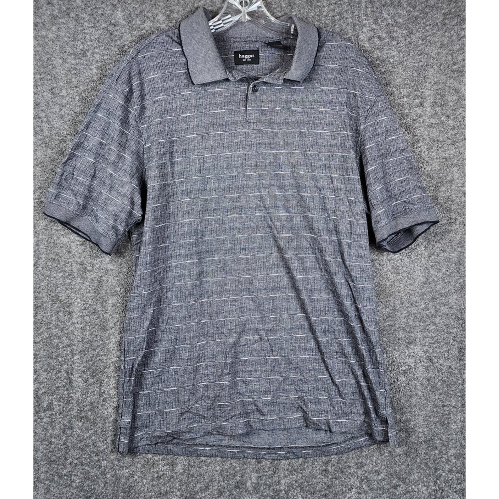 Haggar Polo Shirt Men Large Grey Geometric Textured Short Sleeve Knit